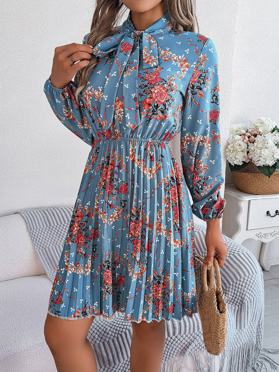 Pleated Printed Tie Neck Long Sleeve Dress | Casual Mini A-Line Floral Dress