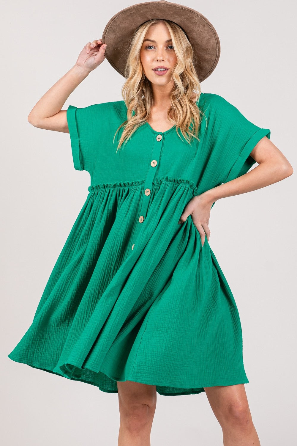 SAGE + FIG Full Size Button Up Short Sleeve Dress | Casual A-Line Ruched Dress