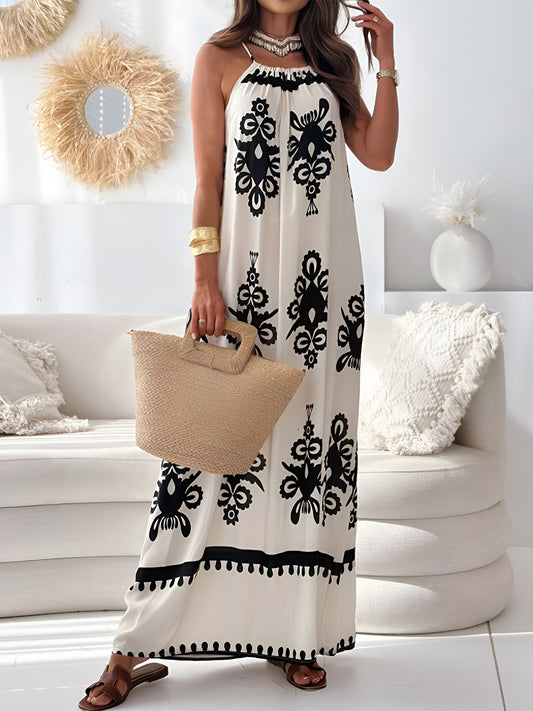 Printed Spaghetti Strap Sleeveless Maxi Dress | Sleeveless Grecian Neck Dress