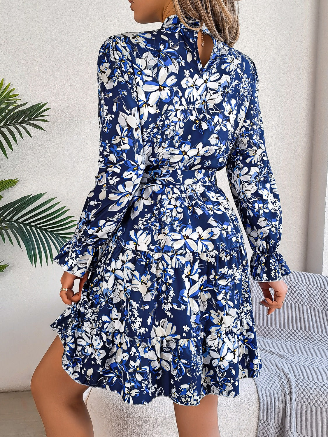 Printed Mock Neck Flounce Sleeve Mini Dress | Casual Floral Polyester Dress