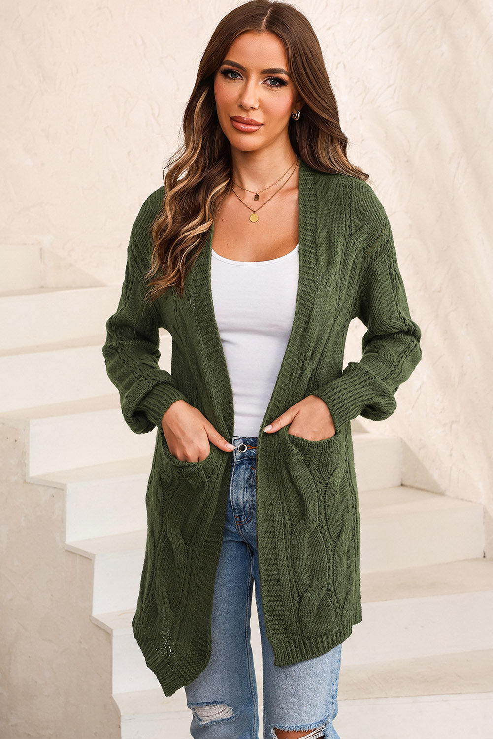 Cable-Knit Dropped Shoulder Cardigan | Acrylic Casual Cable Knit Cardigan