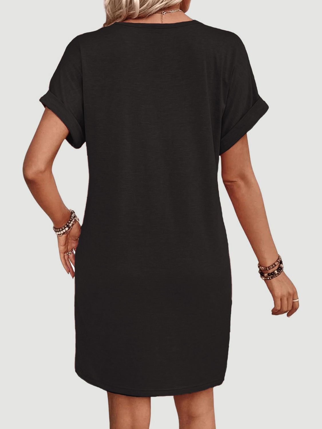 Quarter Button V-Neck Short Sleeve Dress | Casual Mini Solid Polyester Dress