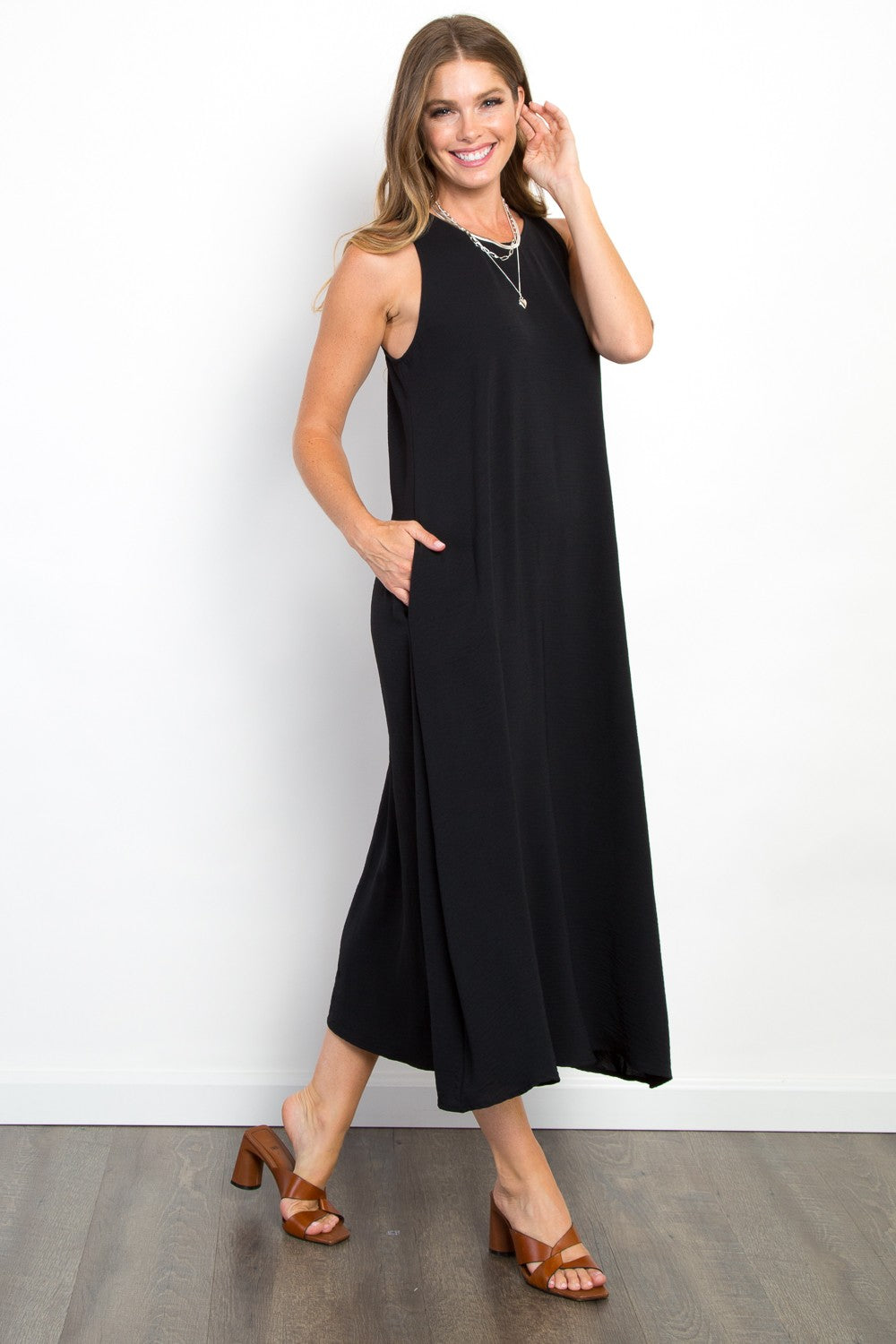 Be Stage Midi Tank Dress with Pockets | Casual Midi Sleeveless Polyester Dress