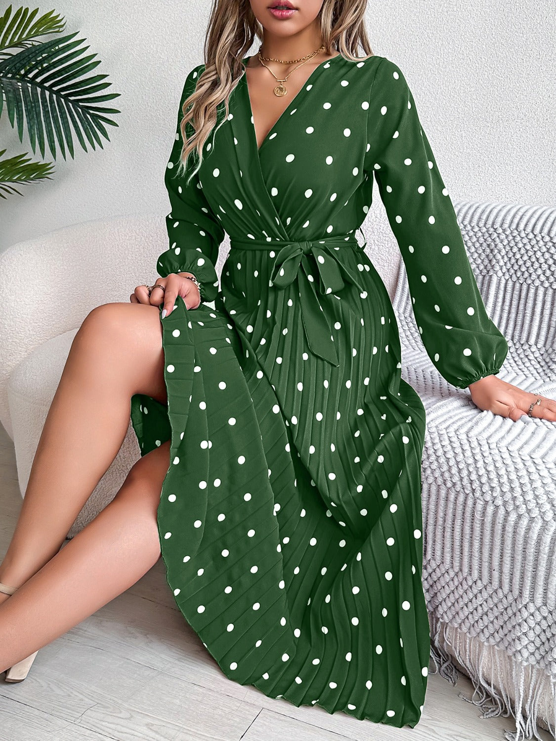 Tied Polka Dot Long Sleeve Midi Dress | Casual A-Line polyester Pleated Dress