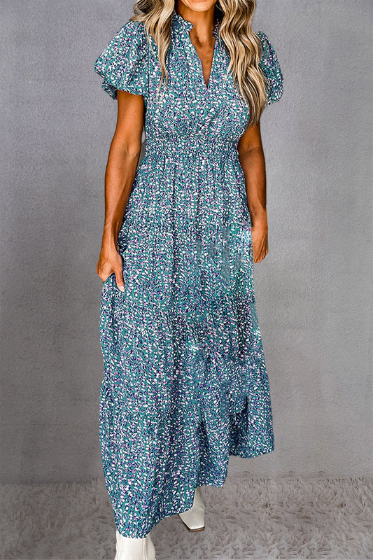 Tiered Printed Notched Short Sleeve Dress | Casual Maxi A-line Viscose Dress