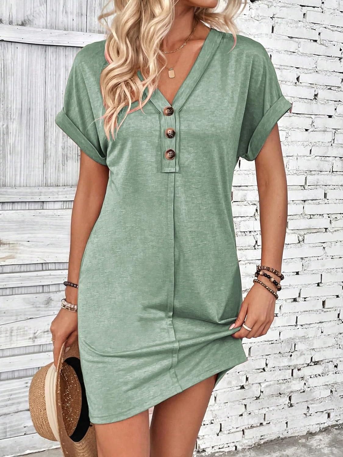 Quarter Button V-Neck Short Sleeve Dress | Casual Mini Solid Polyester Dress