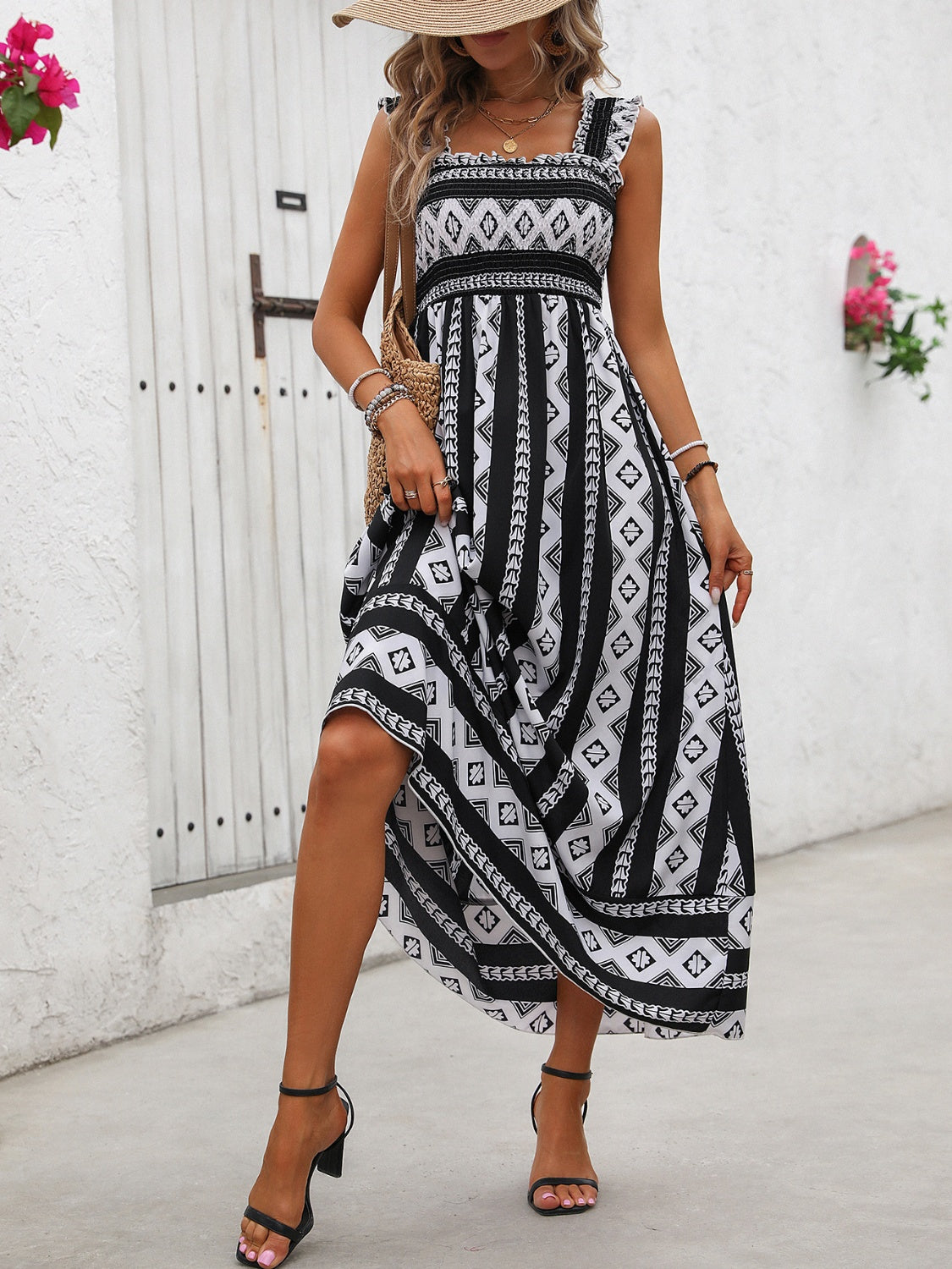 Printed Square Neck Wide Strap Cami Dress | Casual Sleeveless A-line Dress