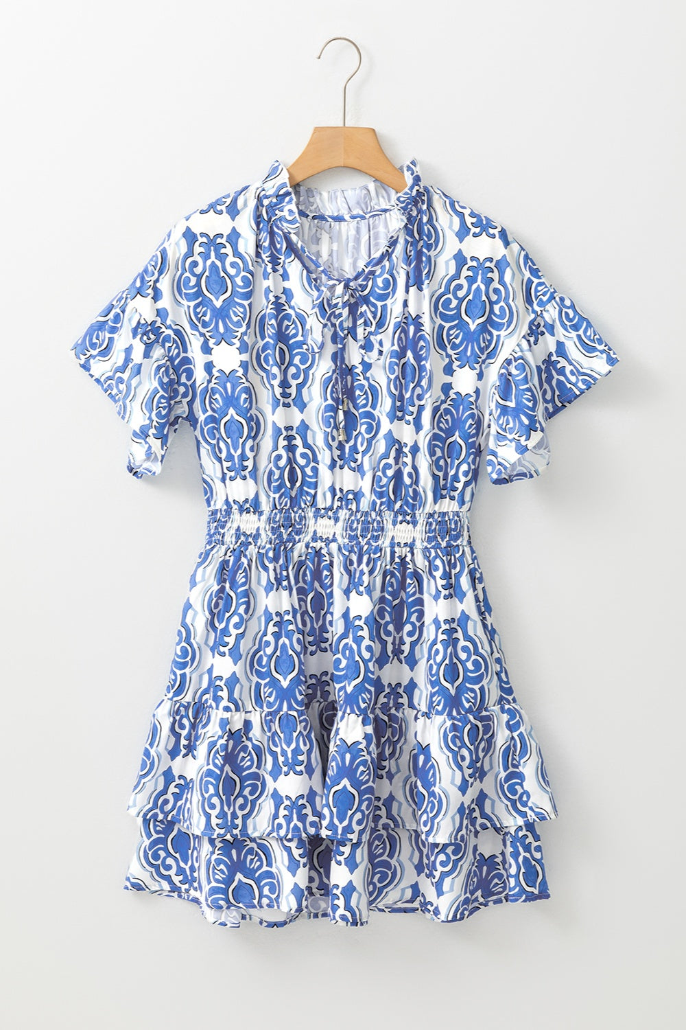 Printed Tie Neck Short Sleeve Mini Dress | Casual Polyester Ruffle Dress