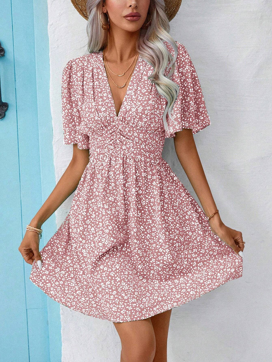 Printed V-Neck Half Sleeve Mini Dress | A-Line Floral Polyester Dress W/ V-Neck