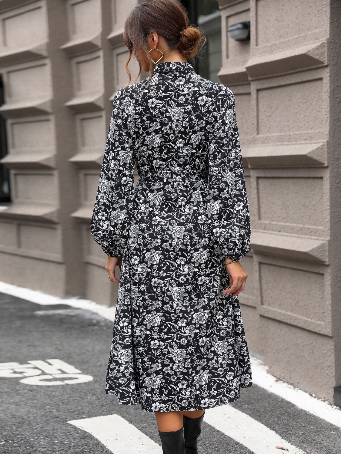 Lace Detail Printed Long Sleeve Midi Dress | Casual A-Line Polyester Tied Dress