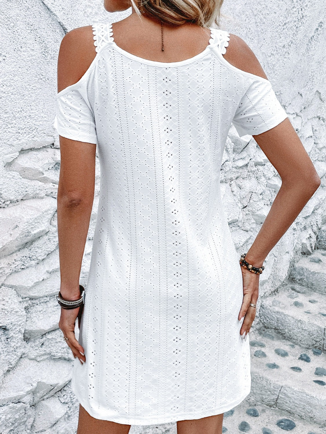 Eyelet V-Neck Cold Shoulder Mini Dress | Casual A-Line Stretchy Solid Dress