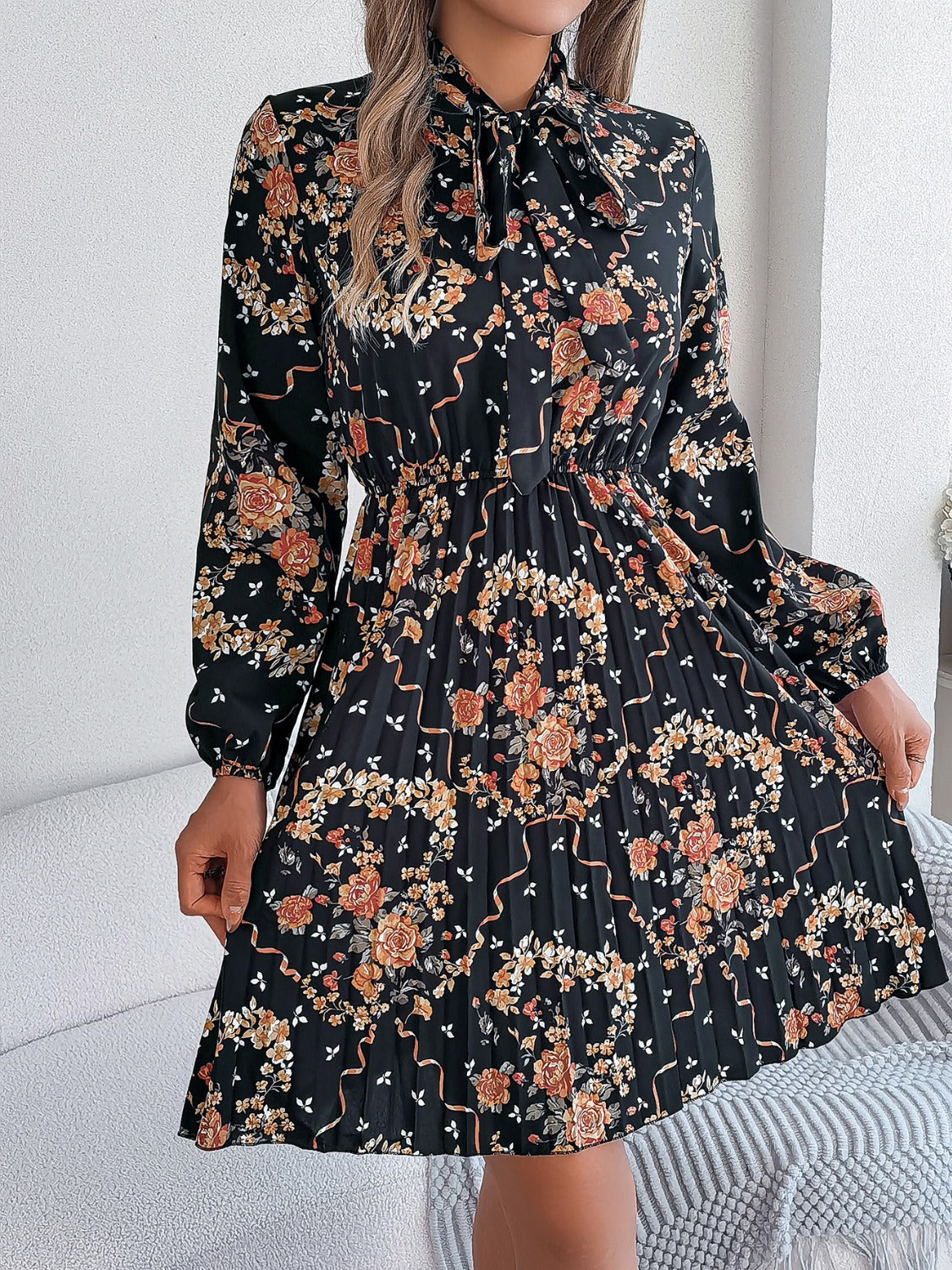 Pleated Printed Tie Neck Long Sleeve Dress | Casual Mini A-Line Floral Dress