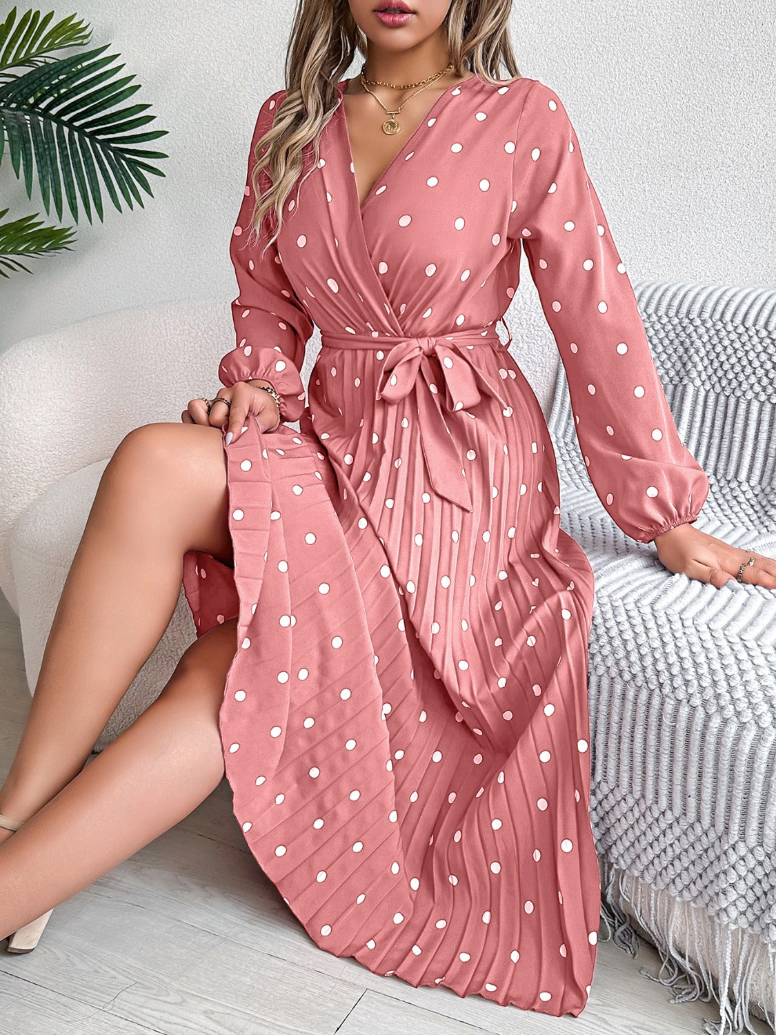 Tied Polka Dot Long Sleeve Midi Dress | Casual A-Line polyester Pleated Dress