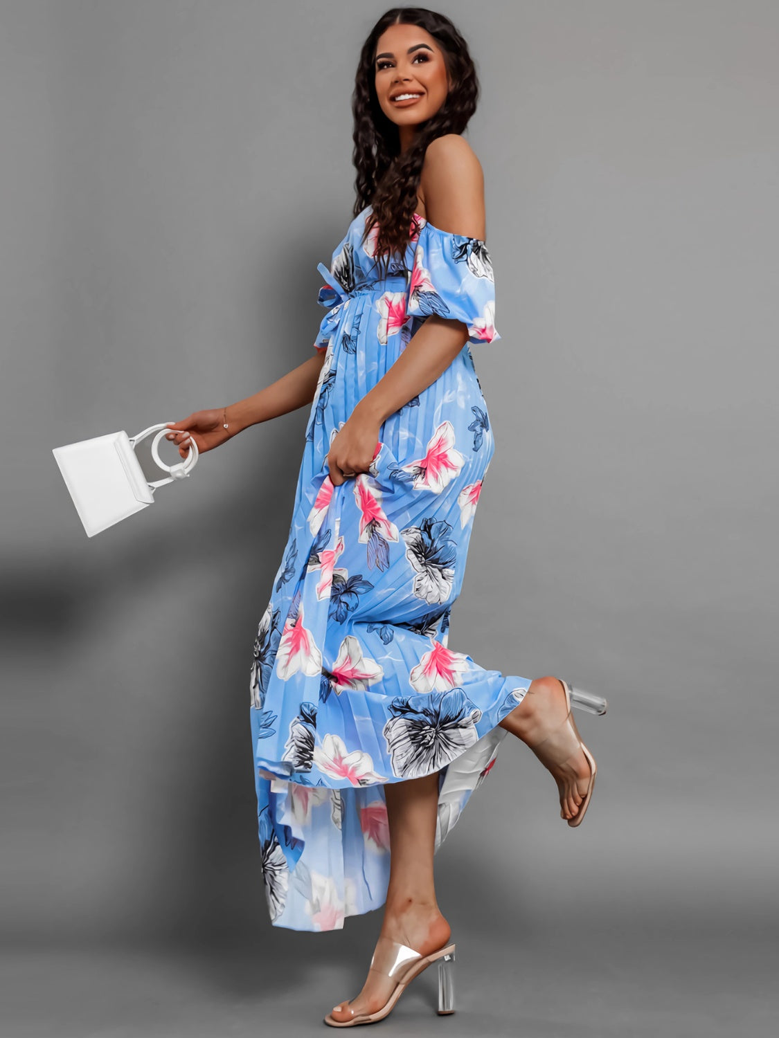 Pleated Floral Off-Shoulder Short Sleeve Midi Dress | A-Line Pleated Dress