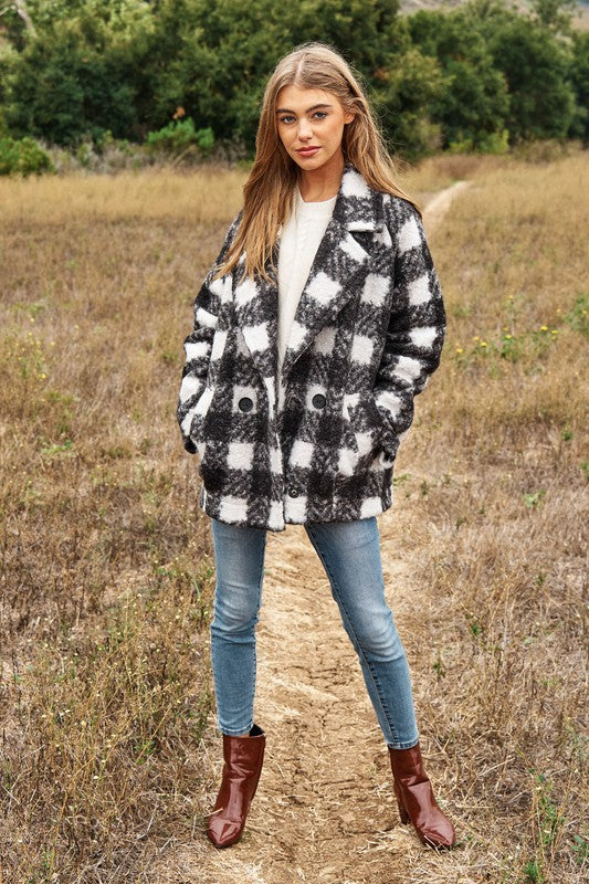 Fuzzy Boucle Textured Double Breasted Coat Jacket | Plaid Pocketed Jacket