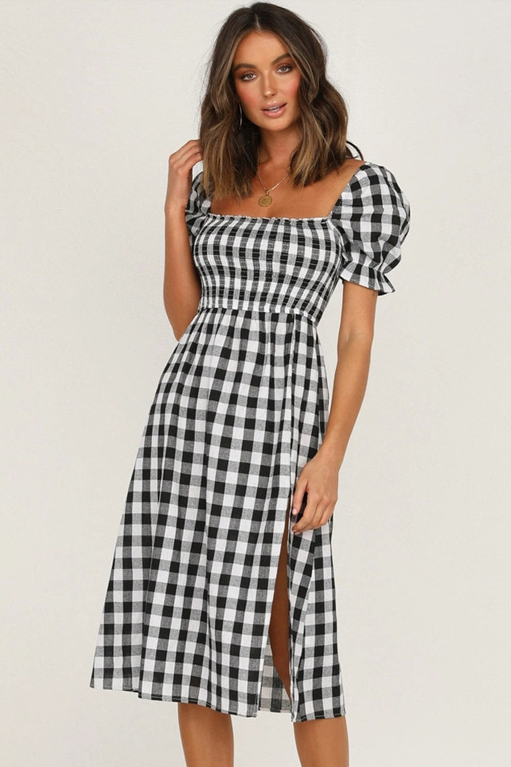 Full Size Slit Plaid Short Sleeve Midi Dress | A-Line Midi Smocked Dress