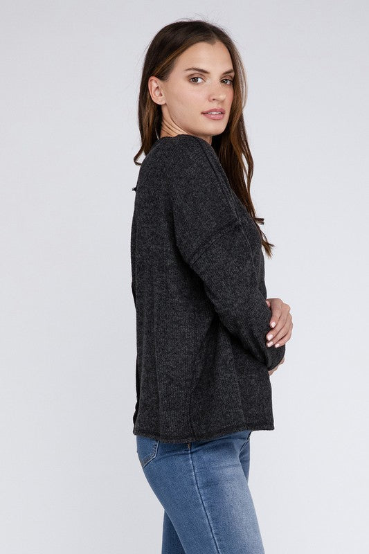 Ribbed Brushed Melange Hacci Sweater with a Pocket | Oversized Casual Sweater