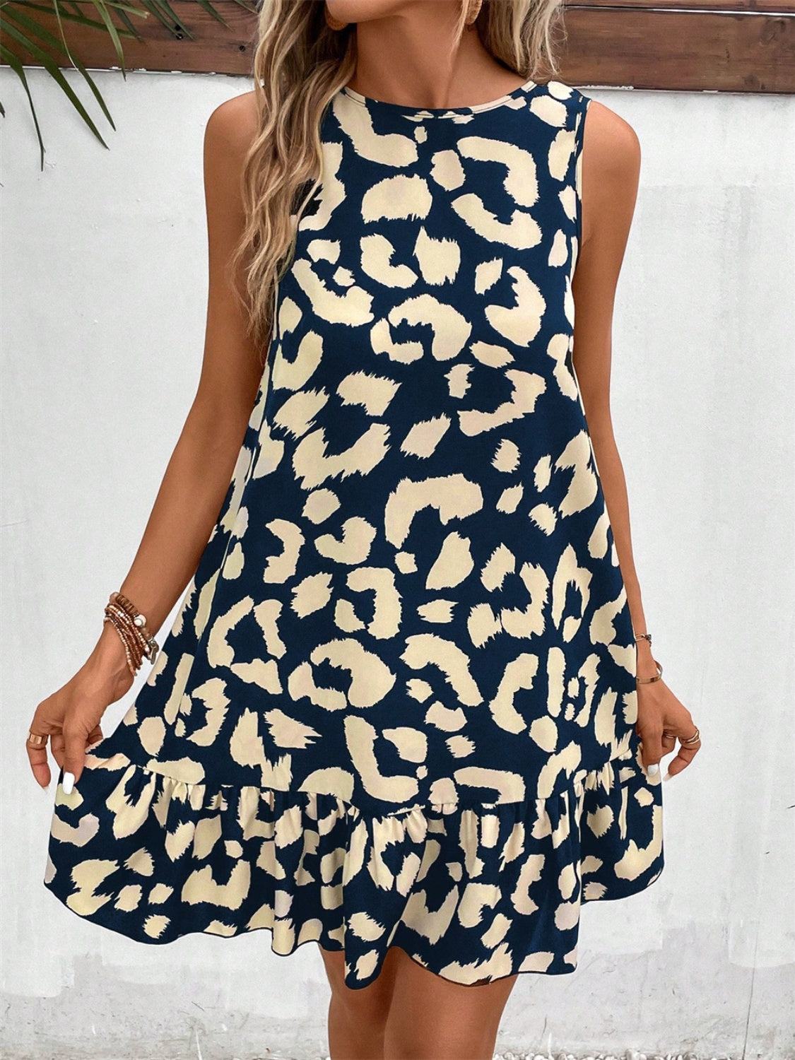 Tied Leopard Round Neck Tank Dress | Casual Sleeveless Mini polyester Dress