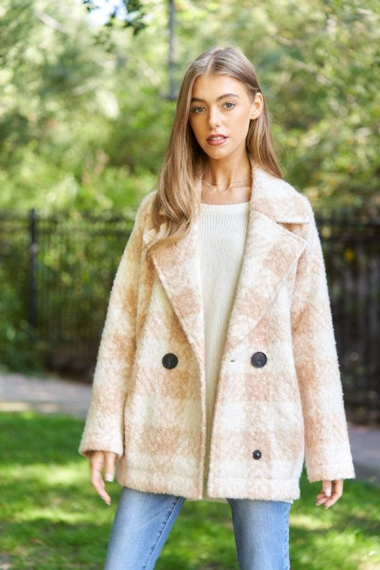 Fuzzy Boucle Textured Double Breasted Coat Jacket | Plaid Pocketed Jacket