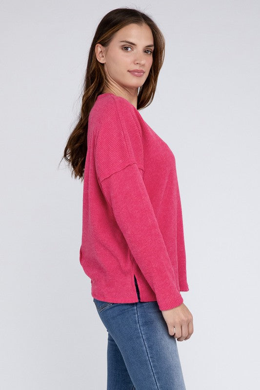 Ribbed Brushed Melange Hacci Sweater with a Pocket | Oversized Casual Sweater