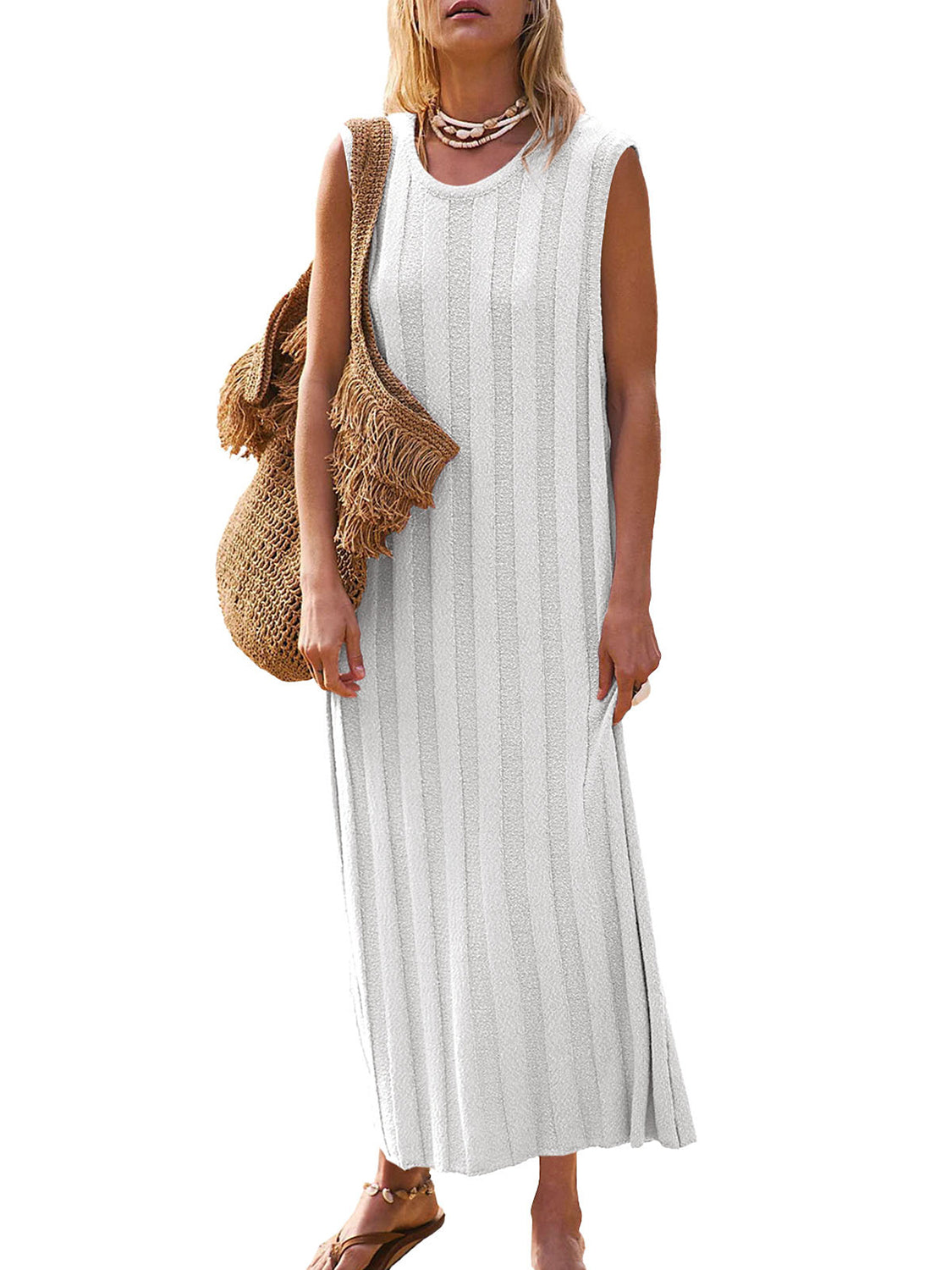 Round Neck Sleeveless Knit Dress | Casual Maxi Wide Stripes Acrylic Dress