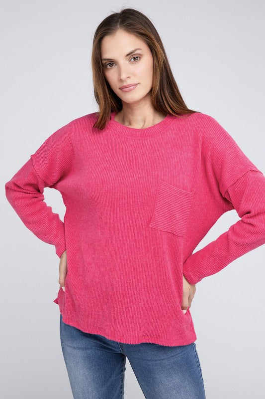 Ribbed Brushed Melange Hacci Sweater with a Pocket | Oversized Casual Sweater