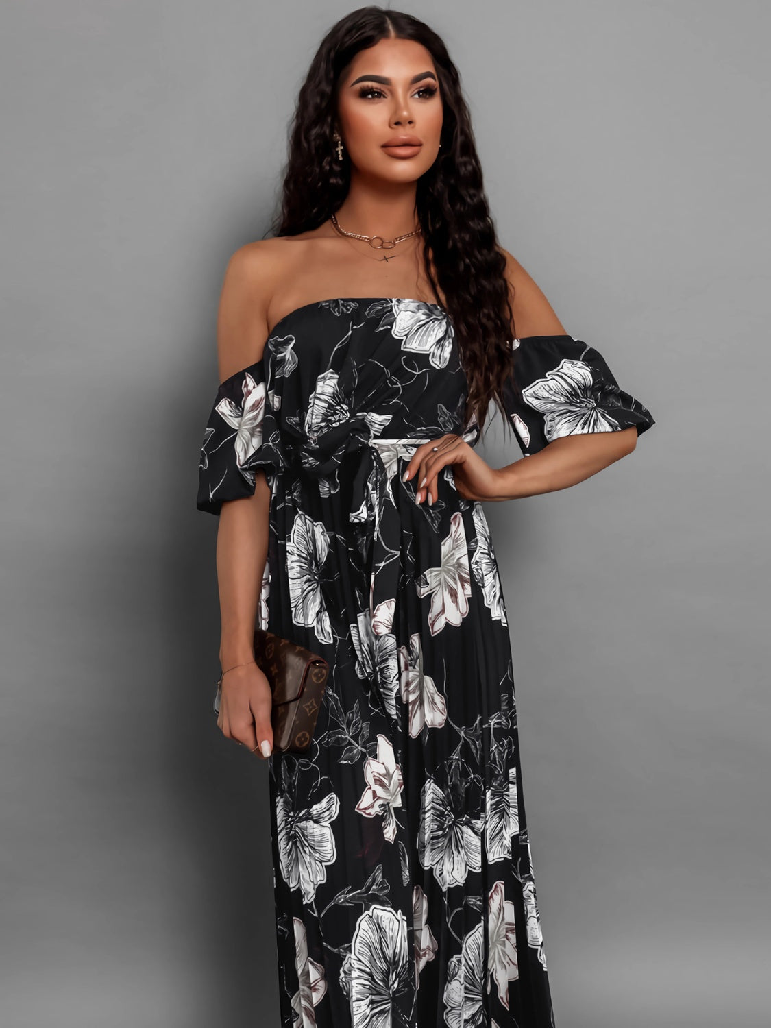 Pleated Floral Off-Shoulder Short Sleeve Midi Dress | A-Line Pleated Dress