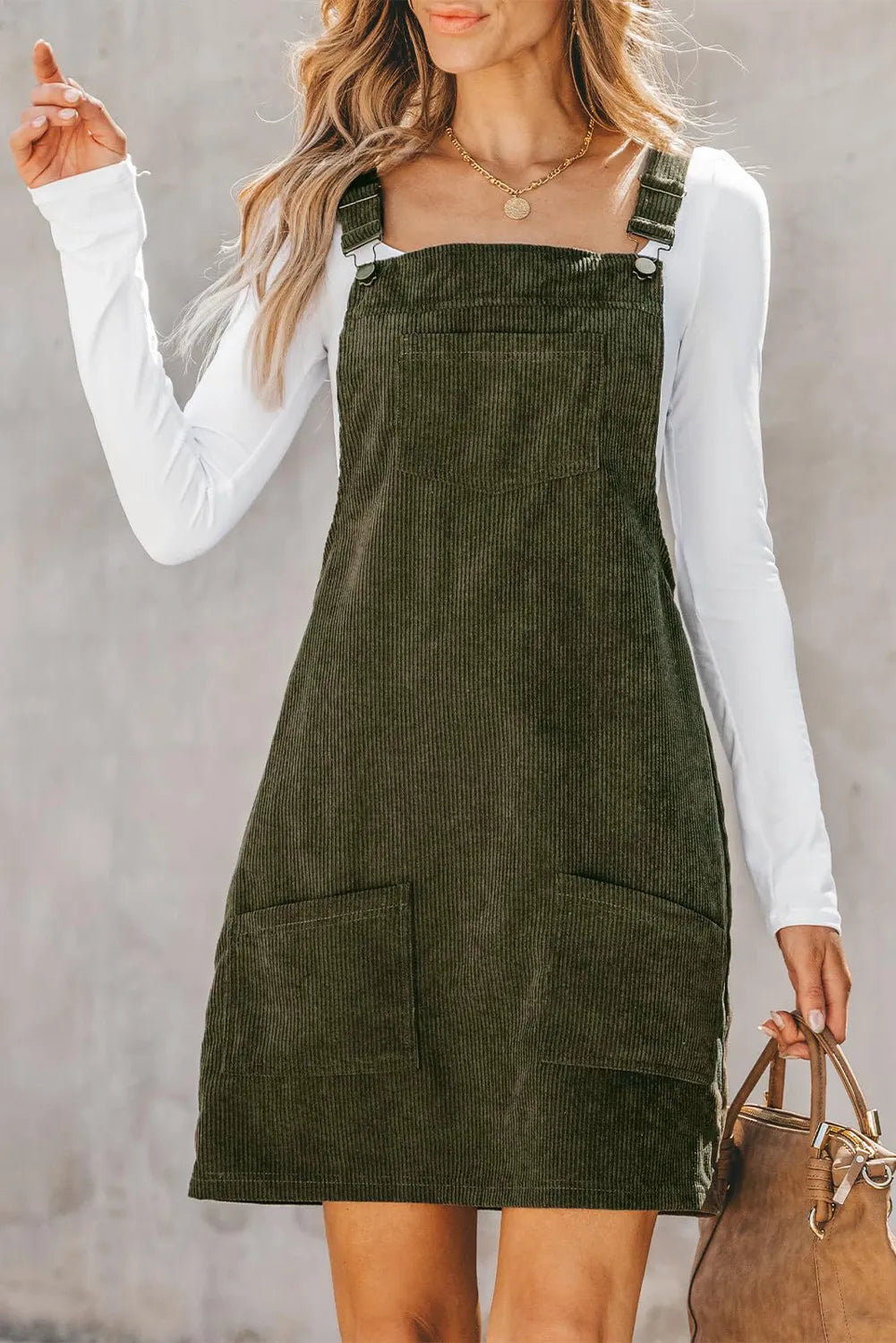 Pocketed Square Neck Wide Strap Overall Dress | Sleeveless Polyester Dress