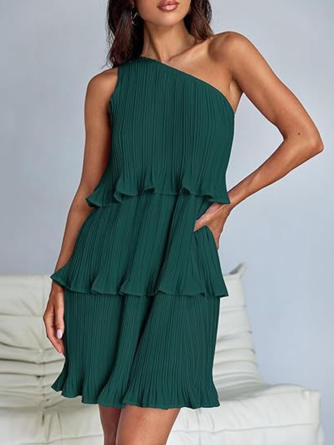 Layered Single Shoulder Mini Dress | Mini Sleeveless Dress W/ Asymmetrical neck