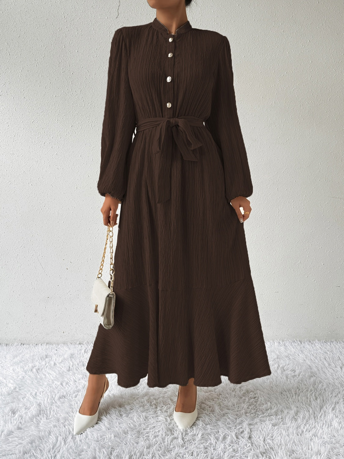 Tie Waist Long Sleeve Dress | A-Line Maxi Solid Buttoned Textured Dress