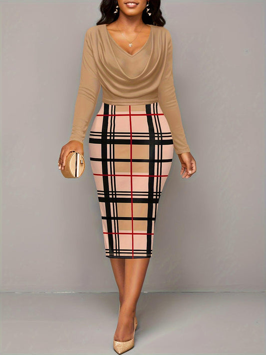 Plus Size Plaid Long Sleeve Mini Dress | Formal Polyester Dress W/ Cowl Neck