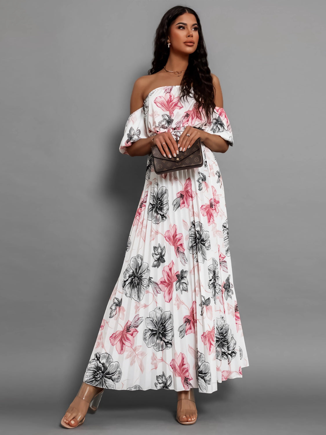 Pleated Floral Off-Shoulder Short Sleeve Midi Dress | A-Line Pleated Dress