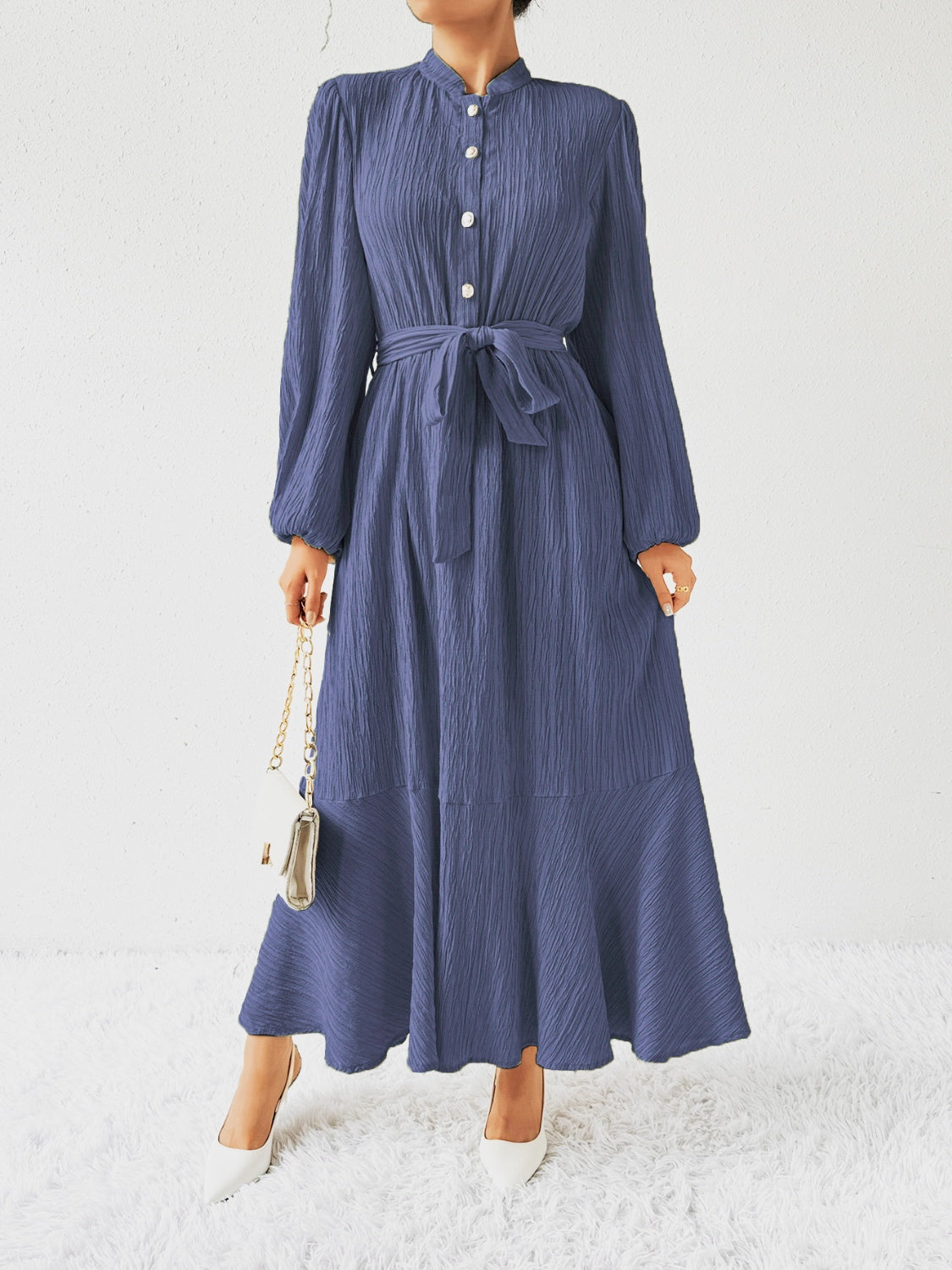 Tie Waist Long Sleeve Dress | A-Line Maxi Solid Buttoned Textured Dress