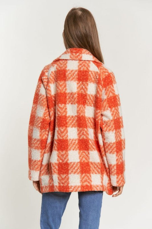 Fuzzy Boucle Textured Double Breasted Coat Jacket | Plaid Pocketed Jacket