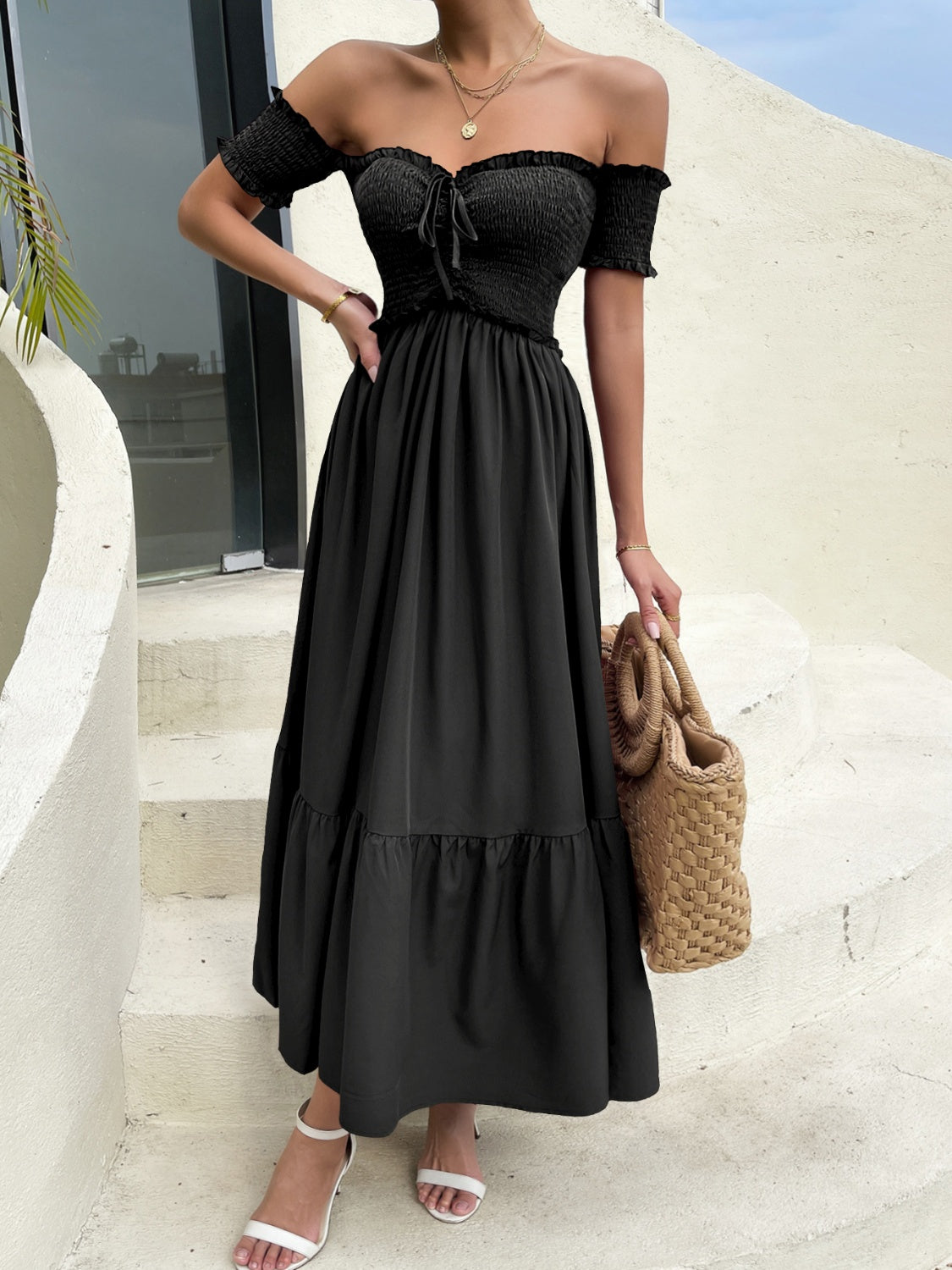 Off-Shoulder Short Sleeve Midi Dress | A-Line Strapless Dress W/ Sweetheart Neck
