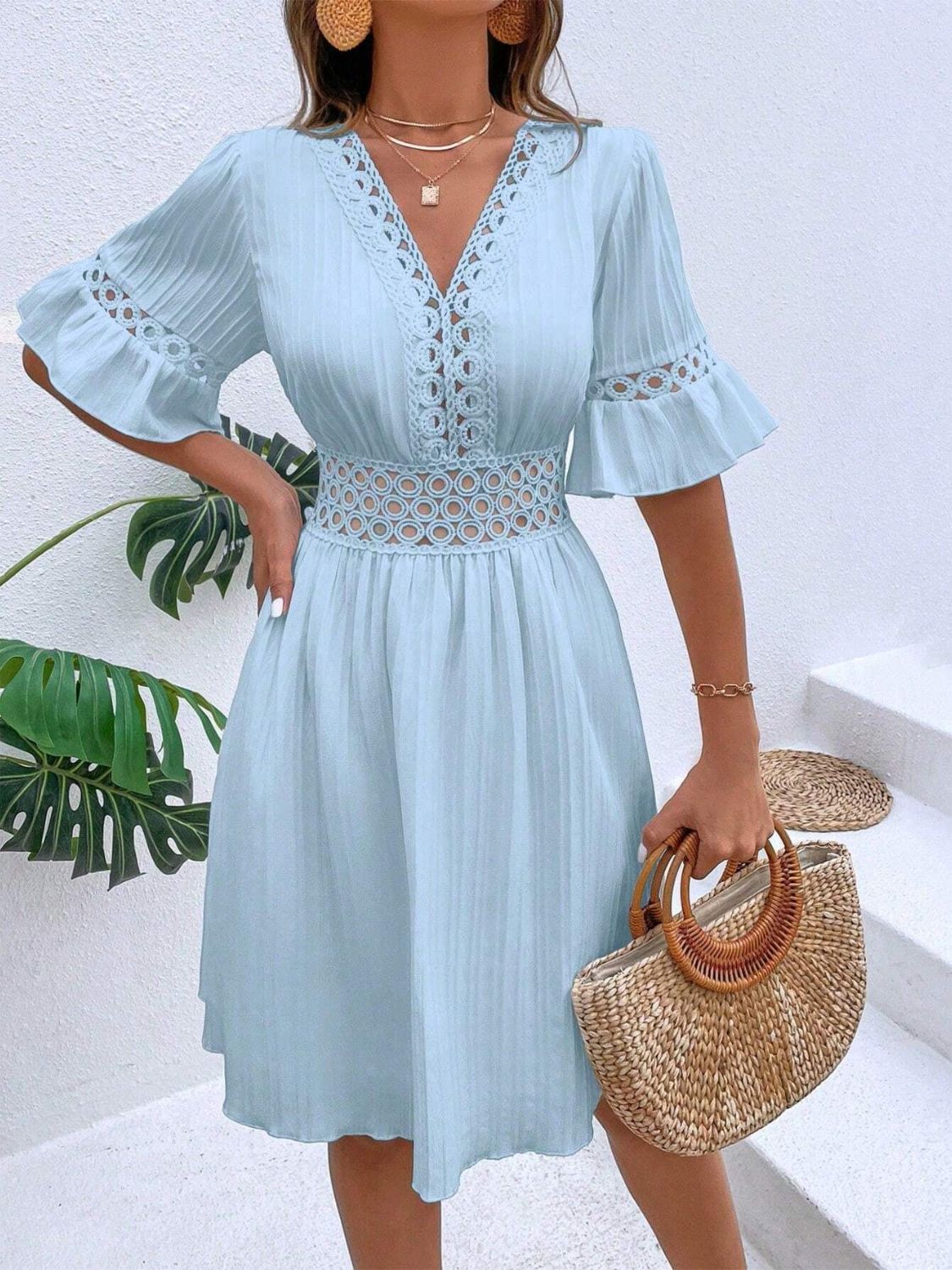 Cutout V-Neck Flounce Sleeve Mini Dress | Casual A-Line Ruffled Polyester Dress