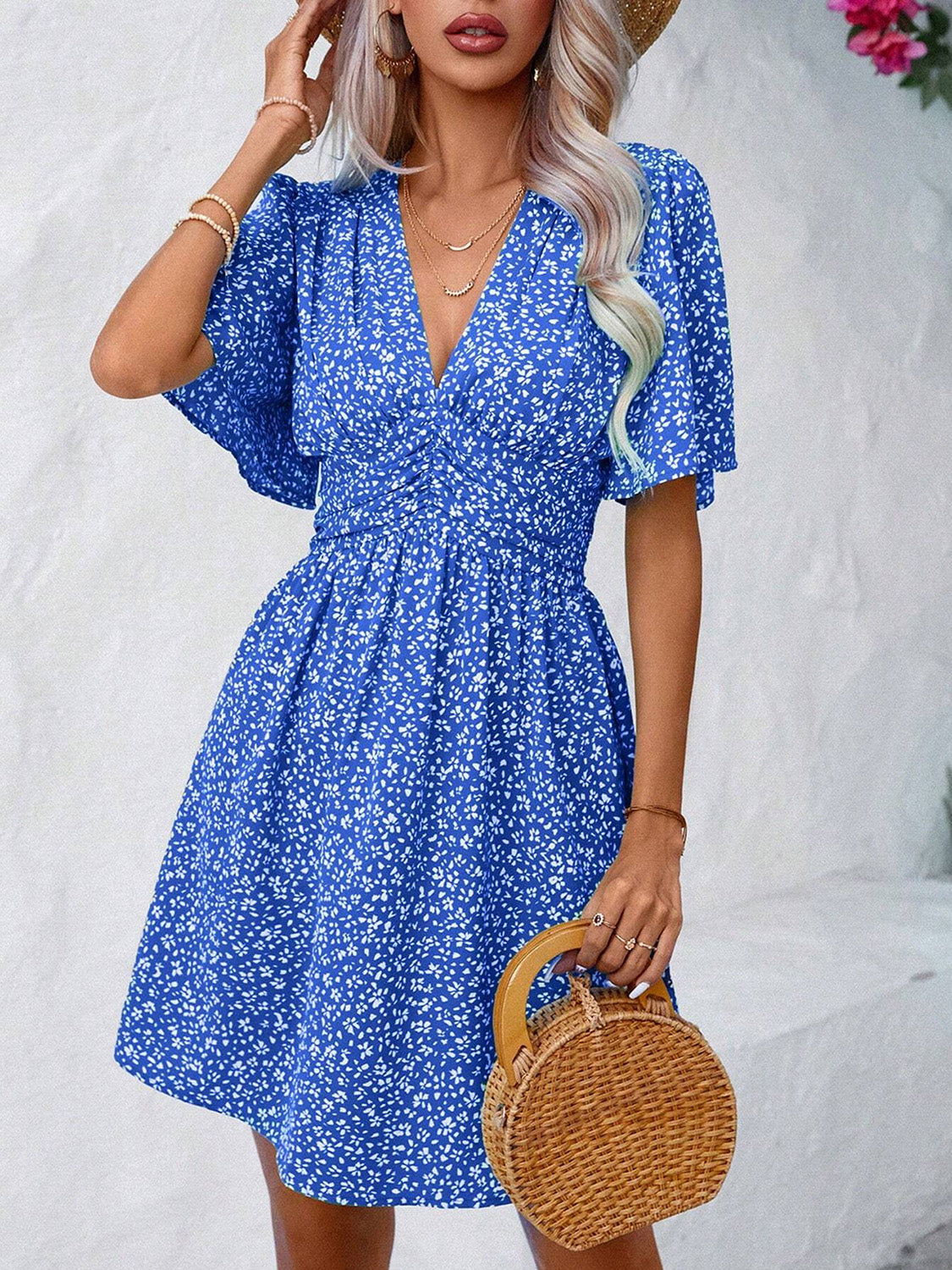 Printed V-Neck Half Sleeve Mini Dress | A-Line Floral Polyester Dress W/ V-Neck