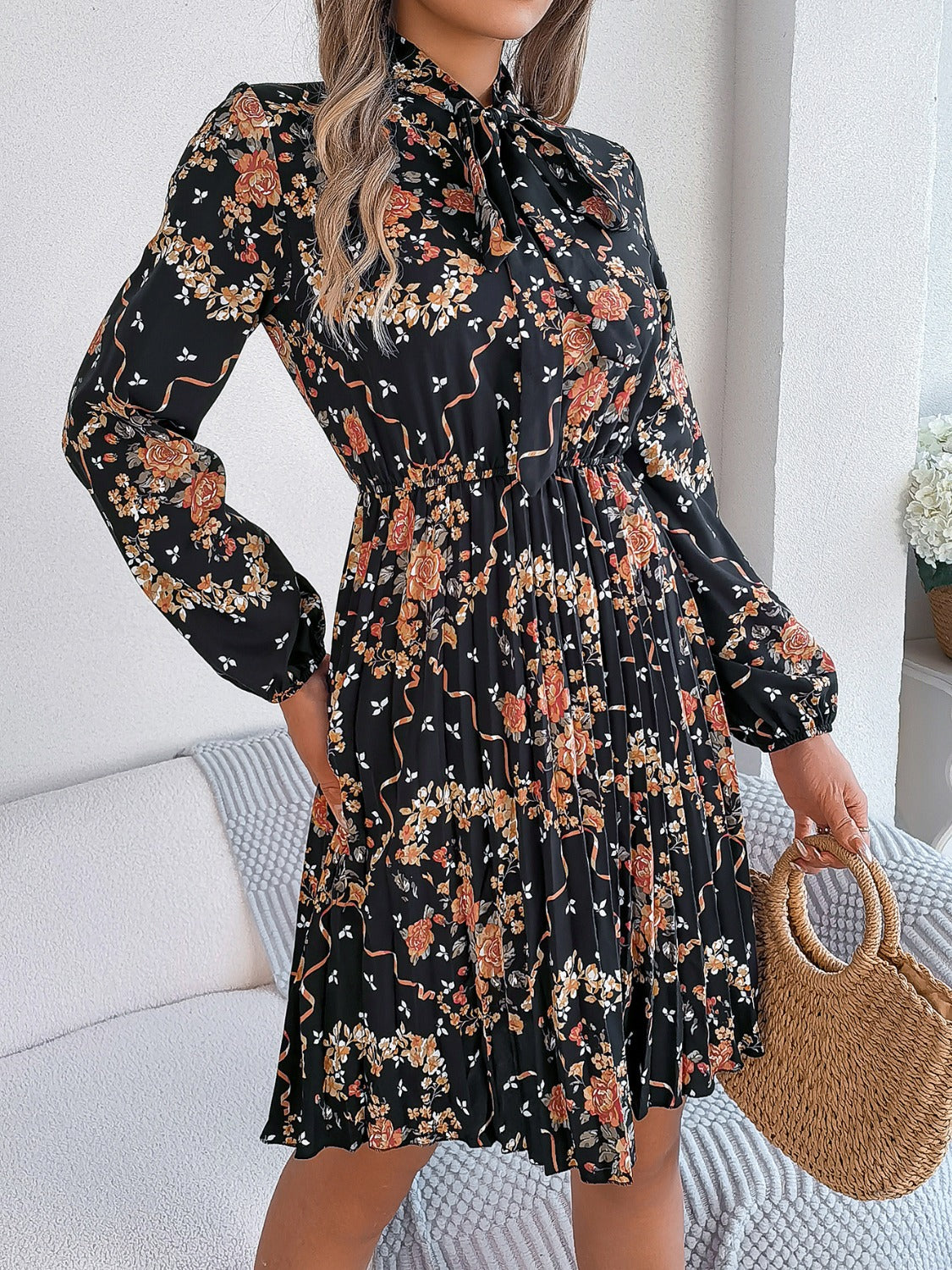 Pleated Printed Tie Neck Long Sleeve Dress | Casual Mini A-Line Floral Dress