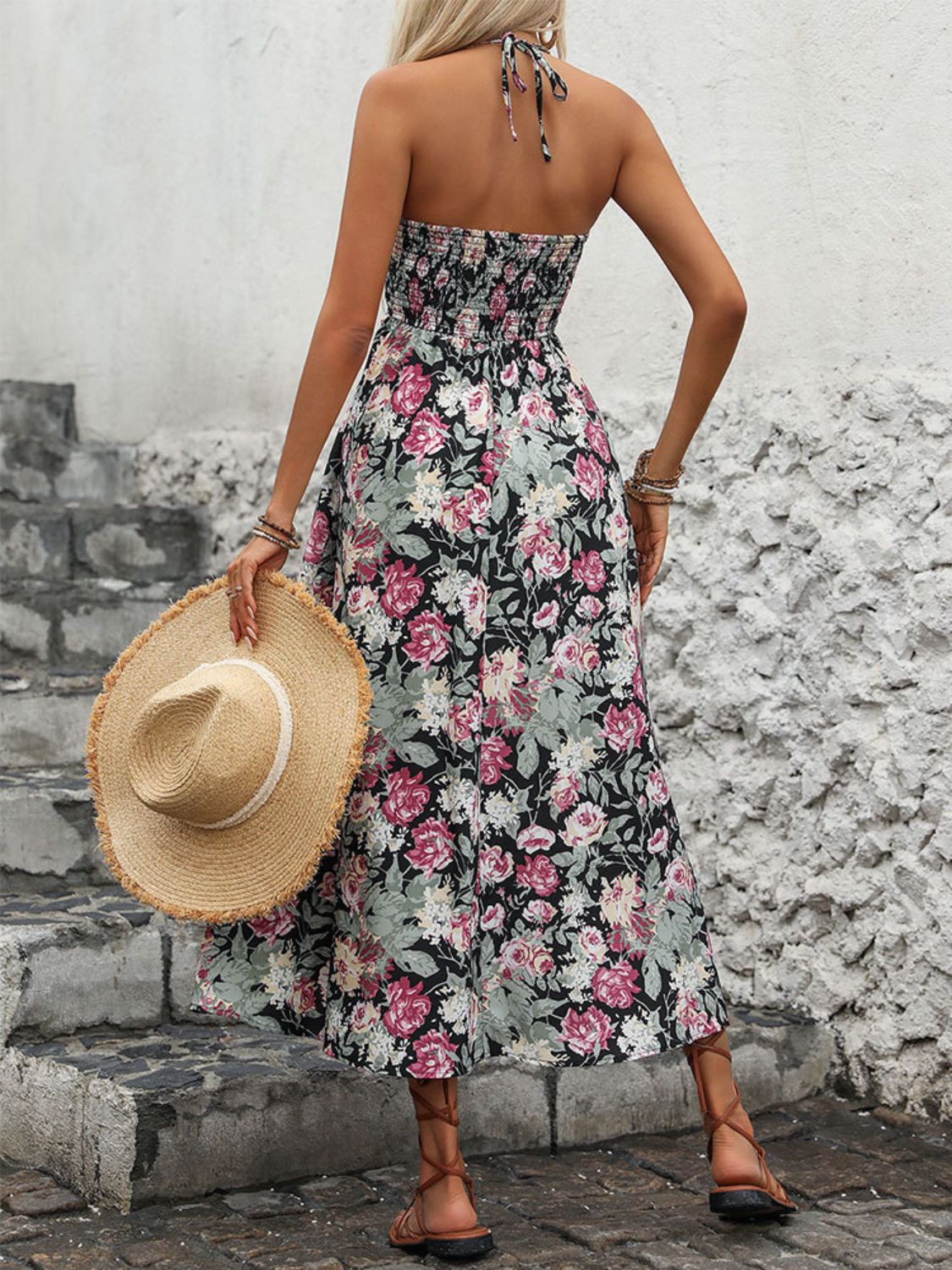 Smocked Printed Halter Neck Midi Dress | Casual Sleeveless A-Line Floral Dress