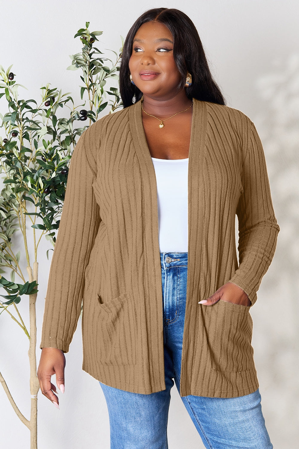 Basic Bae Full Size Ribbed Open Front Cardigan with Pockets |Casual Cardigan