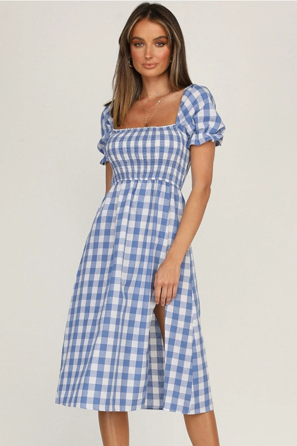 Full Size Slit Plaid Short Sleeve Midi Dress | A-Line Midi Smocked Dress