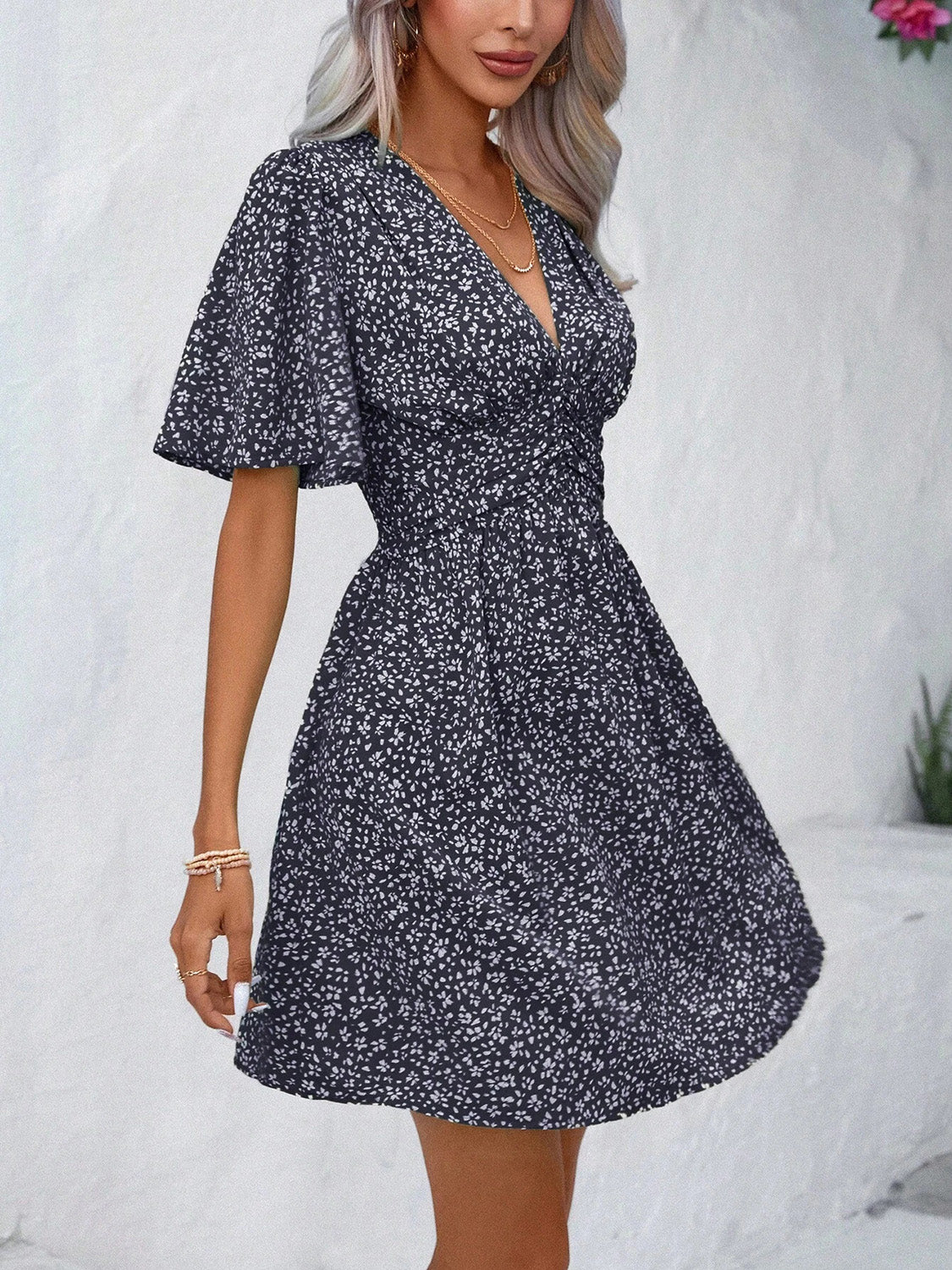 Printed V-Neck Half Sleeve Mini Dress | A-Line Floral Polyester Dress W/ V-Neck