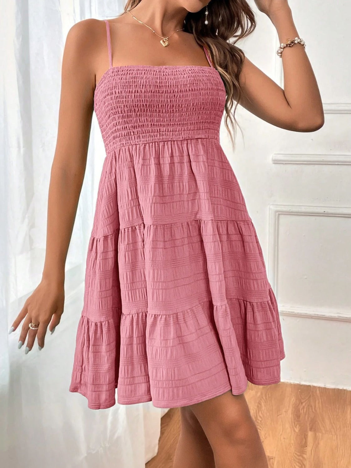 Tiered Smocked Square Neck Cami Dress | Mini Sleeveless A-Line Solid Dress