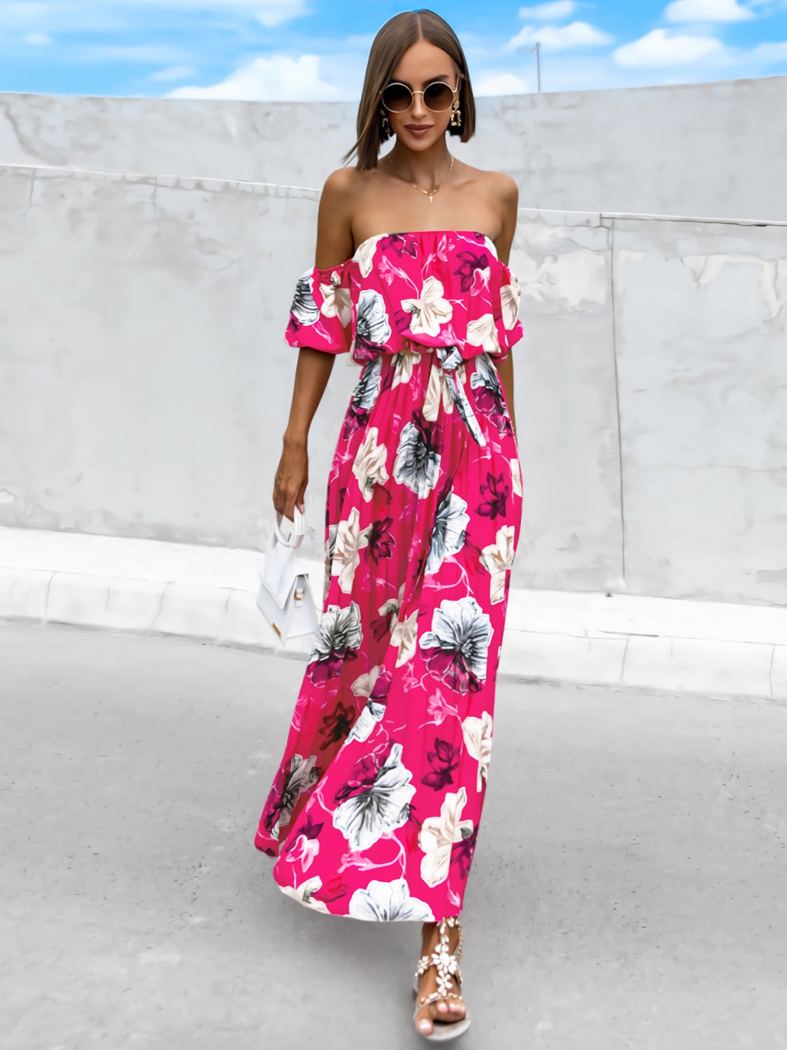 Pleated Floral Off-Shoulder Short Sleeve Midi Dress | A-Line Pleated Dress