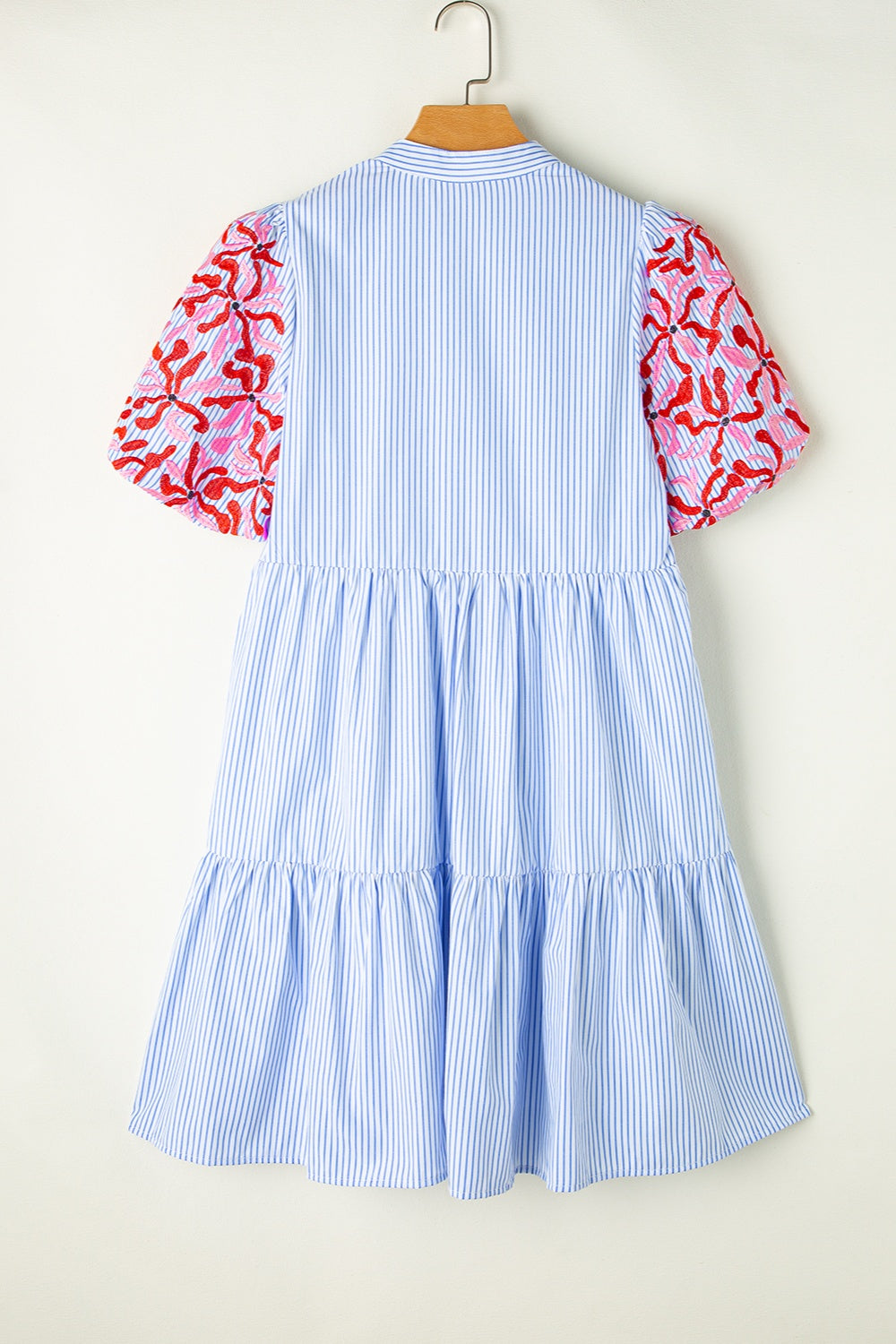 Embroidered Striped Notched Short Sleeve Dress | Casual A-Line Floral Lace Dress