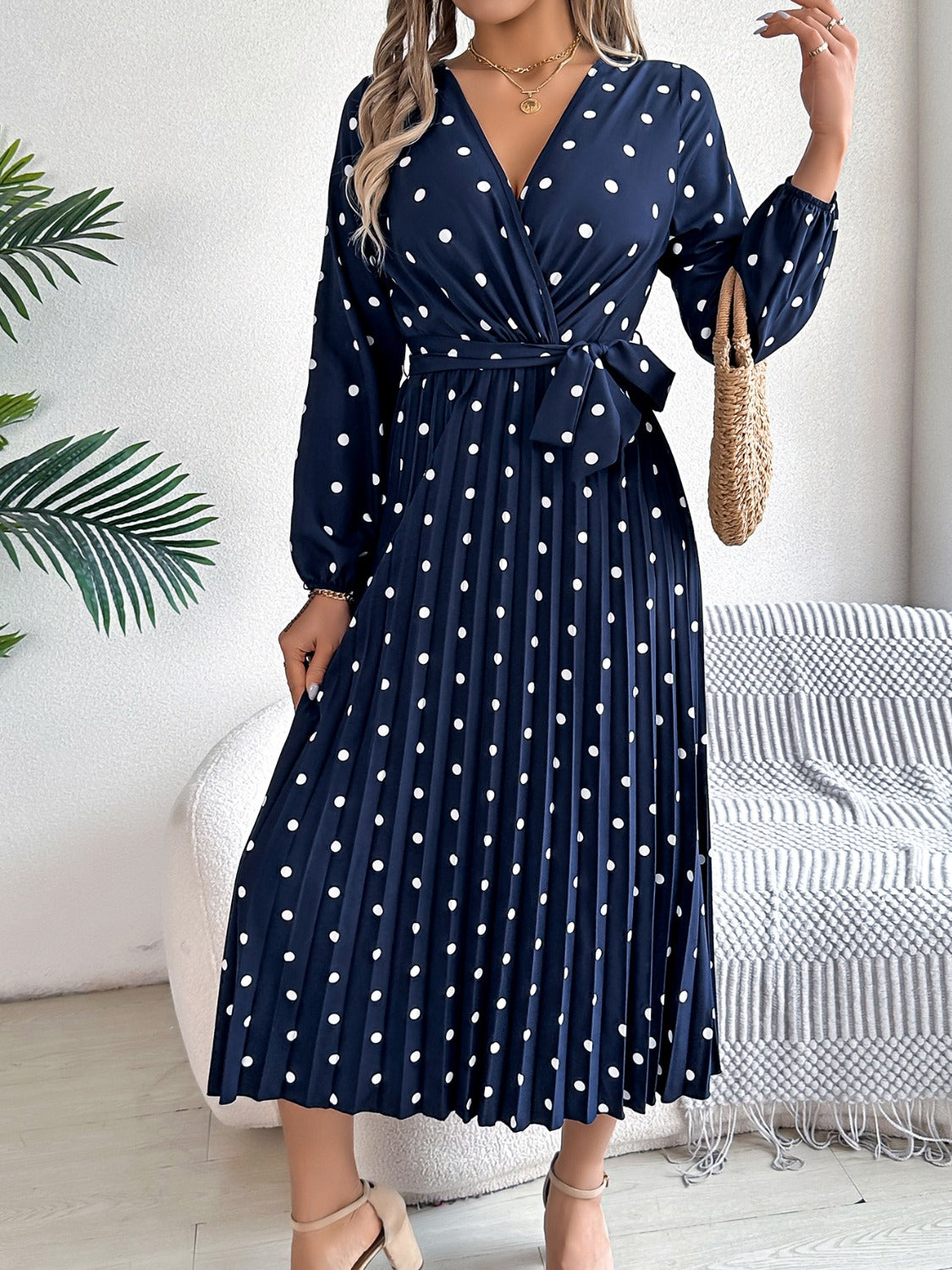 Tied Polka Dot Long Sleeve Midi Dress | Casual A-Line polyester Pleated Dress