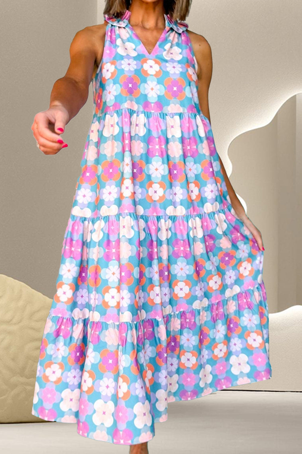 Frill Printed Notched Sleeveless Dress | Casual A-line Sleeveless Floral Dress