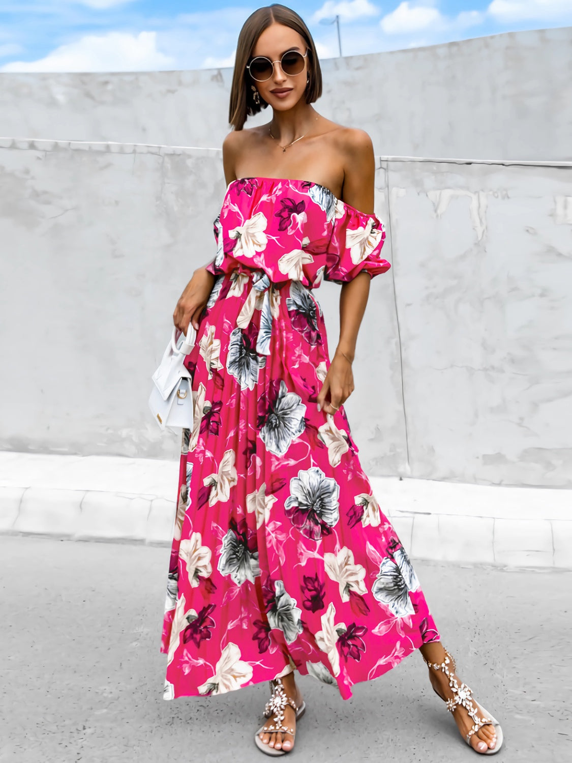 Pleated Floral Off-Shoulder Short Sleeve Midi Dress | A-Line Pleated Dress