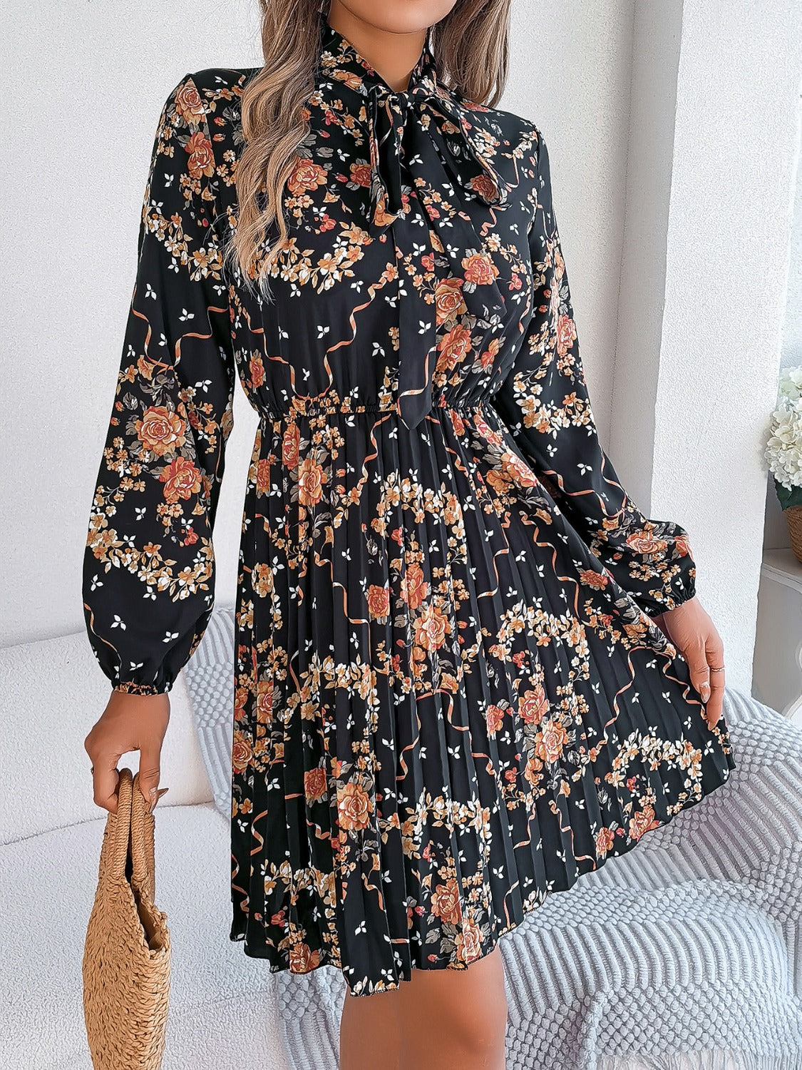 Pleated Printed Tie Neck Long Sleeve Dress | Casual Mini A-Line Floral Dress