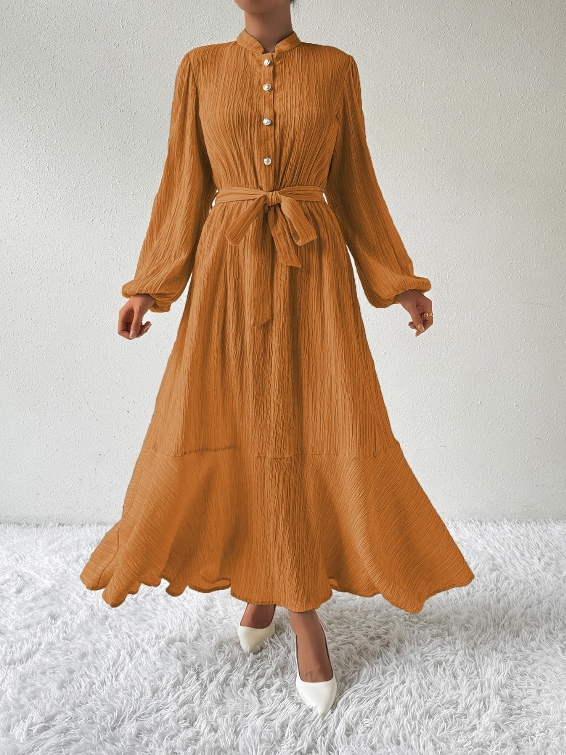 Tie Waist Long Sleeve Dress | A-Line Maxi Solid Buttoned Textured Dress